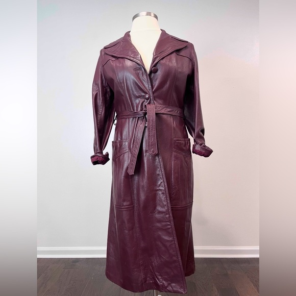 Vintage Jackets & Blazers - VTG 1970s Burgundy Leather Trench Coat